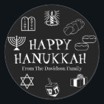 Happy Hanukkah black white custom name gift favour Classic Round Sticker<br><div class="desc">Happy Hanukkah,  customize family name gift favour stickers 
Happy Hanukkah,  Happy Chanukah,  Hanukkah Sameach!,  Chag Sameach!,  Chag Urim Sameach!
Black and white</div>