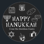 Happy Hanukkah black white custom name gift favour Classic Round Sticker<br><div class="desc">Happy Hanukkah,  customize family name gift favour stickers 
Happy Hanukkah,  Happy Chanukah,  Hanukkah Sameach!,  Chag Sameach!,  Chag Urim Sameach!
Black and white</div>