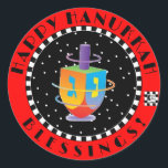 Happy Hanukkah Blessings! Classic Round Sticker<br><div class="desc">A spinning dreidel on a starry backdrop adds an extra happy holiday touch and declares,  "Happy Hanukkah Blessings!"  ~ karyn</div>