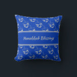 HAPPY | HANUKKAH BLESSINGS | Dreidel BLUE Throw Pillow<br><div class="desc">Mid blue THROW PILLOW to celebrate HANUKKAH. Blue and silver grey colour theme with all over DREIDEL print. There is customizable placeholder text on the front which says HANUKKAH BLESSINGS and on the back so you can personalize with your own greeting and/or name. Other versions available in the HANUKKAH Collection...</div>