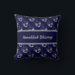 HAPPY HANUKKAH | BLESSINGS | Dreidel Pattern| NAVY Throw Pillow<br><div class="desc">Midnight navy blue THROW PILLOW to celebrate HANUKKAH. Navy and silver grey colour theme with all over DREIDEL print. There is customizable placeholder text on the front which says HANUKKAH BLESSINGS and on the back, so you can personalize with your own greeting and/or name. Other versions available in the HANUKKAH...</div>