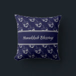HAPPY HANUKKAH | BLESSINGS | Dreidel Pattern| NAVY Throw Pillow<br><div class="desc">Midnight navy blue THROW PILLOW to celebrate HANUKKAH. Navy and silver grey colour theme with all over DREIDEL print. There is customizable placeholder text on the front which says HANUKKAH BLESSINGS and on the back, so you can personalize with your own greeting and/or name. Other versions available in the HANUKKAH...</div>
