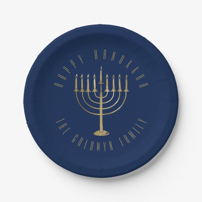 Happy HanuKkah Blue and Gold Menorah Holiday Paper Plate (Front)