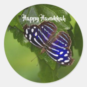 Happy Hanukkah blue and white butterfly Classic Round Sticker