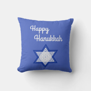 Happy Hanukkah Blue and White Star of David Throw Pillow