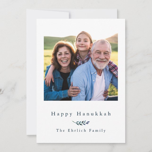 Happy Hanukkah Blue and White Stripe Photo Holiday Card (Front)