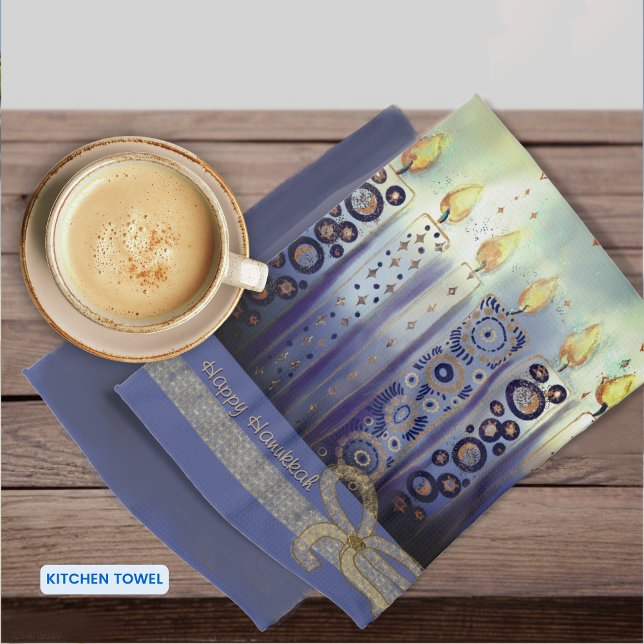 Happy Hanukkah Blue Candles  Kitchen Towel (Happy Hanukkah Blue Candles Kitchen Towel)