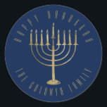 Happy Hanukkah 'Blue Gold Menorah Holiday Classic Round Sticker<br><div class="desc">This sticker features a gold coloured menorah on a navy blue background. The message above it reads "Happy Hanukkah". Below the menorah is a place for your family name which you may personalize or remove if you'd like.</div>