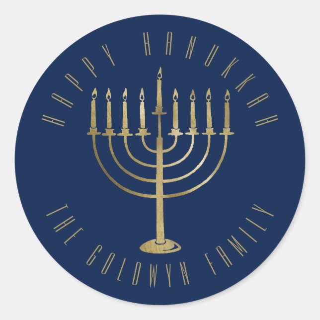 Happy Hanukkah 'Blue Gold Menorah Holiday Classic Round Sticker (Front)