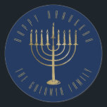 Happy Hanukkah 'Blue Gold Menorah Holiday Classic Round Sticker<br><div class="desc">This sticker features a gold coloured menorah on a navy blue background. The message above it reads "Happy Hanukkah". Below the menorah is a place for your family name which you may personalize or remove if you'd like.</div>
