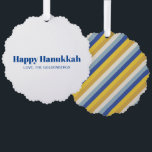 Happy Hanukkah blue gold modern stripes custom Ornament Card<br><div class="desc">Happy Hanukkah blue and white modern typography personalized Hanukkah ornament card.
Fully customizable blue text,  on white background on front side,  diagonal blue gold yellow and cream stripes pattern on back.</div>