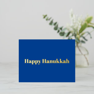 Happy Hanukkah blue gold typography minimalist Foil Holiday Postcard