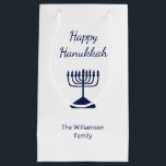 Happy Hanukkah Blue Menorah Holiday  Small Gift Bag<br><div class="desc">Happy Hanukkah Holiday party gift bag,  with a simple blue menorah and script typography design. With white customizable lettering,  you can add your own text. A festive way to celebrate with friends and loved ones.</div>