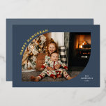 Happy Hanukkah Blue Modern Frame Foil Holiday Card<br><div class="desc">Wish your loved ones a very happy Hanukkah with this fun single photo card. It features a blue leaf-shaped frame with the words Happy Hanukkah in foil along one of the curved corners and space for your name in the year next to the other curved corner. The back has space...</div>