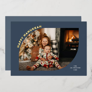 Happy Hanukkah Blue Modern Frame Foil Holiday Card