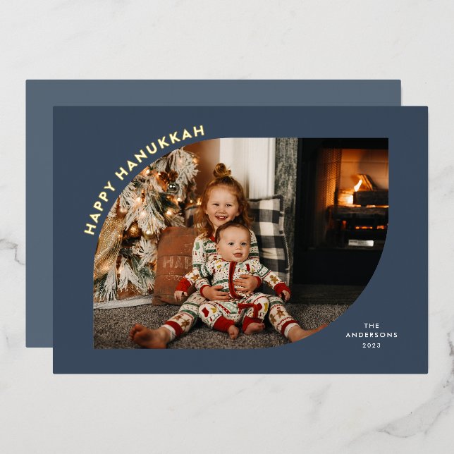Happy Hanukkah Blue Modern Frame Foil Holiday Card (Front/Back)