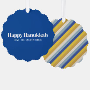 Happy Hanukkah blue modern striped pattern custom Ornament Card