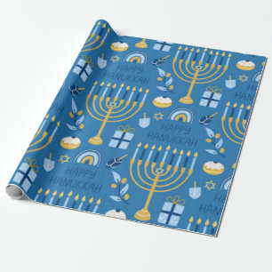 Happy Hanukkah Blue Star of David Menorah  Wrapping Paper