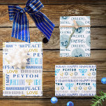 Happy Hanukkah Blue White Childs Name Typography Wrapping Paper Sheet<br><div class="desc">Add your child's name to this cute blue on white Happy Hanukkah typography wrapping paper for a personalized touch to your Festival of Lights. Sheet One features a mix of fun fonts in various shades of blue, from light to dark, along with touches of yellow gold and grey on white....</div>