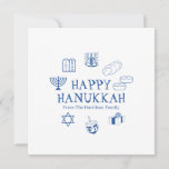 Happy Hanukkah blue white custom family name card<br><div class="desc">Happy Hanukkah,  customize family name greeting card.
Happy Hanukkah,  Happy Chanukah,  Hanukkah Sameach!,  Chag Sameach!,  Chag Urim Sameach!
Blue and white</div>