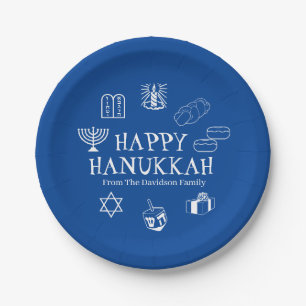 Happy Hanukkah blue & white custom family name Paper Plate