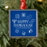Happy Hanukkah blue & white custom name favours Metal Ornament<br><div class="desc">Happy Hanukkah, customize family name gift favour holiday Metal Ornament.
Happy Hanukkah, Happy Chanukah, Hanukkah Sameach!, Chag Sameach!, Chag Urim Sameach!
Blue and white</div>