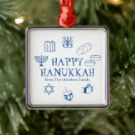 Happy Hanukkah blue white custom name favours Metal Ornament<br><div class="desc">Happy Hanukkah,  customize family name gift favour holiday Metal Ornament.
Happy Hanukkah,  Happy Chanukah,  Hanukkah Sameach!,  Chag Sameach!,  Chag Urim Sameach!
Blue and white</div>