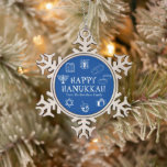 Happy Hanukkah blue & white custom name favours Snowflake Pewter Christmas Ornament<br><div class="desc">Happy Hanukkah,  customize family name gift favour holiday Snowflake Pewter Christmas Ornament.
Happy Hanukkah,  Happy Chanukah,  Hanukkah Sameach!,  Chag Sameach!,  Chag Urim Sameach!
Blue and white</div>
