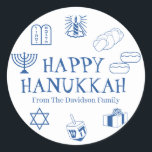 Happy Hanukkah blue white custom name gift favour  Classic Round Sticker<br><div class="desc">Happy Hanukkah,  customize family name gift favour stickers 
Happy Hanukkah,  Happy Chanukah,  Hanukkah Sameach!,  Chag Sameach!,  Chag Urim Sameach!
Blue and white</div>