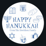 Happy Hanukkah blue white custom name gift favour  Classic Round Sticker<br><div class="desc">Happy Hanukkah,  customize family name gift favour stickers 
Happy Hanukkah,  Happy Chanukah,  Hanukkah Sameach!,  Chag Sameach!,  Chag Urim Sameach!
Blue and white</div>