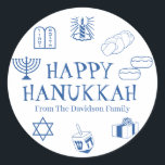 Happy Hanukkah blue white custom name gift favour  Classic Round Sticker<br><div class="desc">Happy Hanukkah,  customize family name gift favour stickers 
Happy Hanukkah,  Happy Chanukah,  Hanukkah Sameach!,  Chag Sameach!,  Chag Urim Sameach!
Blue and white</div>