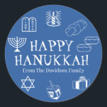 Happy Hanukkah blue white custom name gift favour Classic Round Sticker<br><div class="desc">Happy Hanukkah,  customize family name gift favour stickers 
Happy Hanukkah,  Happy Chanukah,  Hanukkah Sameach!,  Chag Sameach!,  Chag Urim Sameach!
Blue and white</div>