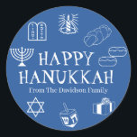 Happy Hanukkah blue white custom name gift favour Classic Round Sticker<br><div class="desc">Happy Hanukkah,  customize family name gift favour stickers 
Happy Hanukkah,  Happy Chanukah,  Hanukkah Sameach!,  Chag Sameach!,  Chag Urim Sameach!
Blue and white</div>