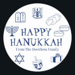Happy Hanukkah blue white custom name gift favours Classic Round Sticker<br><div class="desc">Happy Hanukkah,  customize family name gift favour stickers 
Happy Hanukkah,  Happy Chanukah,  Hanukkah Sameach!,  Chag Sameach!,  Chag Urim Sameach!
Navy blue and white</div>