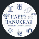Happy Hanukkah blue white custom name gift favours Classic Round Sticker<br><div class="desc">Happy Hanukkah,  customize family name gift favour stickers 
Happy Hanukkah,  Happy Chanukah,  Hanukkah Sameach!,  Chag Sameach!,  Chag Urim Sameach!
Navy blue and white</div>