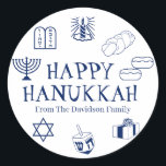 Happy Hanukkah blue white custom name gift favours Classic Round Sticker<br><div class="desc">Happy Hanukkah,  customize family name gift favour stickers 
Happy Hanukkah,  Happy Chanukah,  Hanukkah Sameach!,  Chag Sameach!,  Chag Urim Sameach!
Navy blue and white</div>