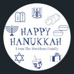 Happy Hanukkah blue white custom name gift favours Classic Round Sticker<br><div class="desc">Happy Hanukkah,  customize family name gift favour stickers 
Happy Hanukkah,  Happy Chanukah,  Hanukkah Sameach!,  Chag Sameach!,  Chag Urim Sameach!
Navy blue and white</div>