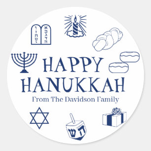 Happy Hanukkah blue white custom name gift favours Classic Round Sticker
