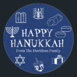 Happy Hanukkah blue white custom name gift favours Classic Round Sticker<br><div class="desc">Happy Hanukkah,  customize family name gift favour stickers 
Happy Hanukkah,  Happy Chanukah,  Hanukkah Sameach!,  Chag Sameach!,  Chag Urim Sameach!
Navy blue and white</div>