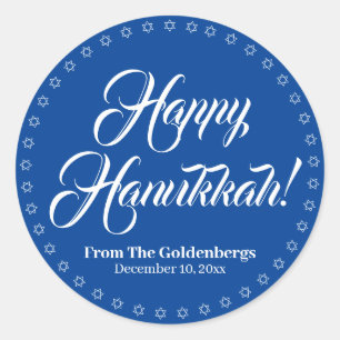 Happy Hanukkah blue white custom script text Classic Round Sticker