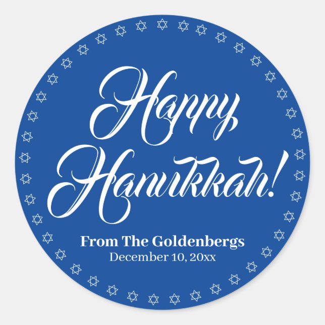 Happy Hanukkah blue white custom script text Classic Round Sticker (Front)