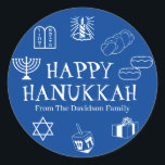 Happy Hanukkah blue white custom text cute modern Classic Round Sticker<br><div class="desc">Happy Hanukkah,  customize family name gift favour stickers.
Happy Hanukkah,  Happy Chanukah,  Hanukkah Sameach!,  Chag Sameach!,  Chag Urim Sameach!
Blue and white</div>