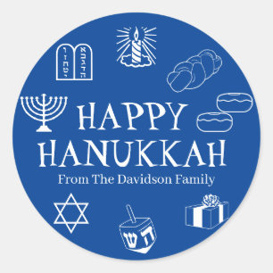 Happy Hanukkah blue white custom text cute modern Classic Round Sticker