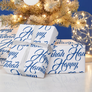 Happy Hanukkah blue & white Jewish elegant script Wrapping Paper