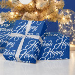 Happy Hanukkah blue white Jewish elegant script Wrapping Paper<br><div class="desc">Happy Hanukkah blue and white Jewish Holiday elegant script pattern gift Wrapping Paper.
White script text pattern on blue background colour.</div>