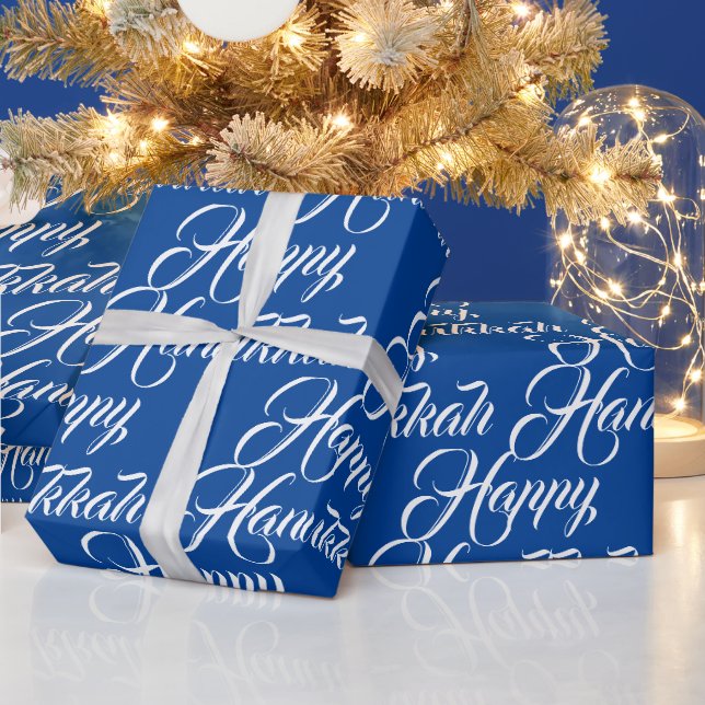 Happy Hanukkah blue white Jewish elegant script Wrapping Paper (Holidays)
