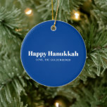 Happy Hanukkah blue white minimalist personalized Ceramic Ornament<br><div class="desc">Happy Hanukkah blue and white modern typography minimalist simple elegant personalized Hanukkah ornament.
Fully customizable white text, on blue background.</div>