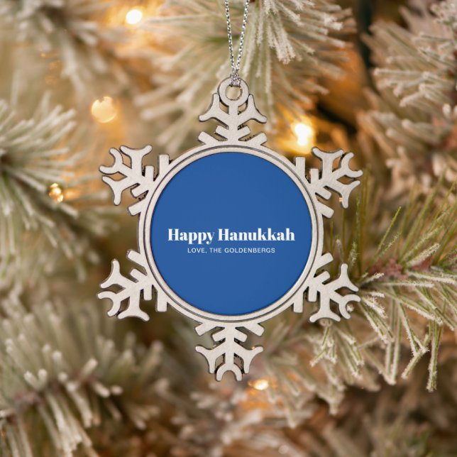 Happy Hanukkah blue white minimalist personalized Snowflake Pewter Christmas Ornament (Tree)
