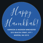 Happy Hanukkah blue white script return address Classic Round Sticker<br><div class="desc">Happy Hanukkah modern custom script calligraphy name and address personalized Hanukkah return address stickers.
Fully customizable white text,  blue background.
Elegant,  simple,  modern design.</div>