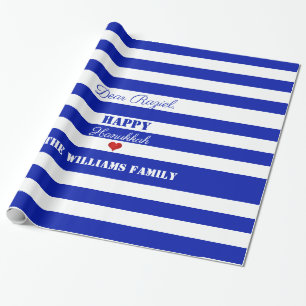 Happy Hanukkah Blue White Striped Pattern Heart Wrapping Paper